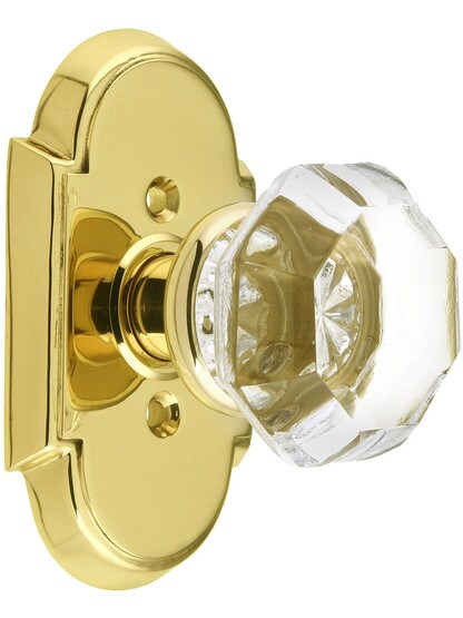 Arched Rosette Set With Old Town Crystal Knobs in Polished Brass.